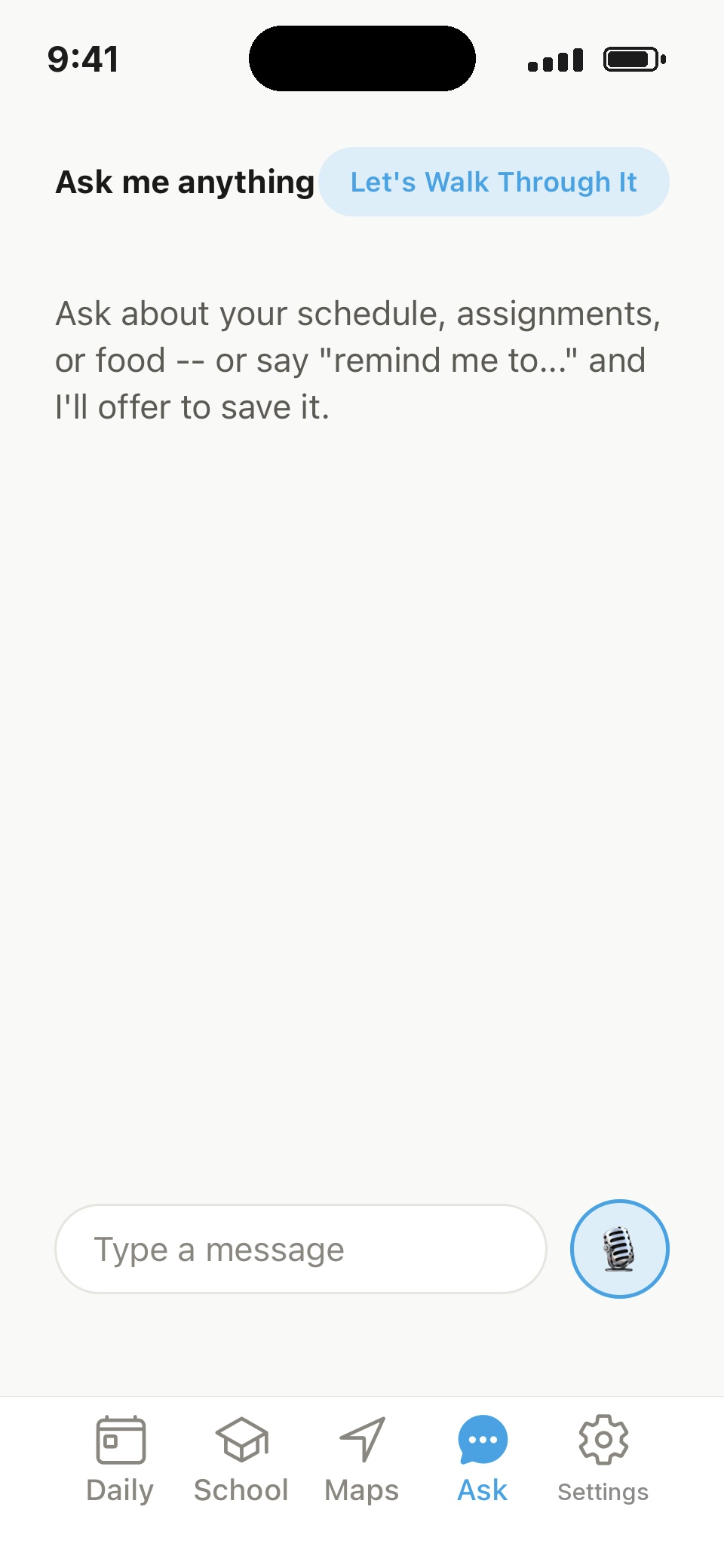The Ask tab, where a student can ask about a schedule, an assignment, or food, or say remind me to