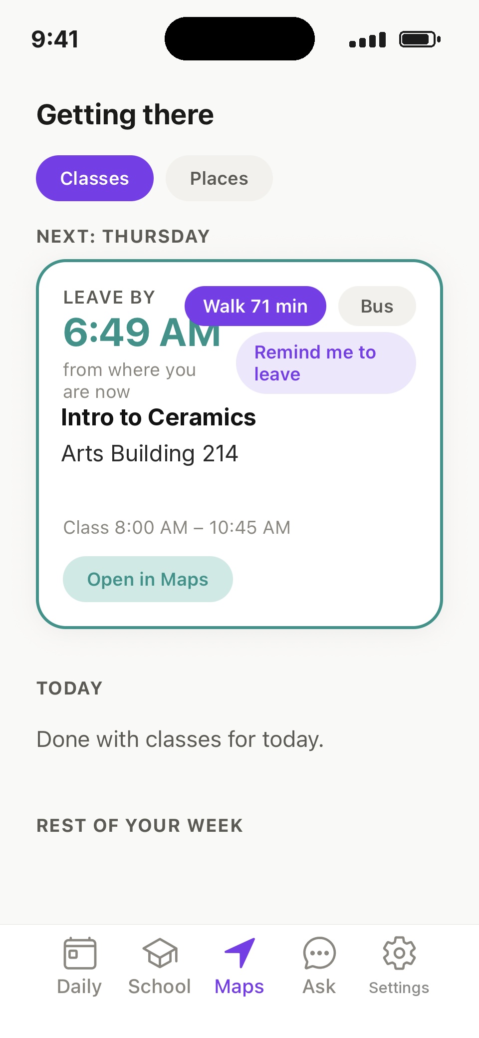 The Maps tab showing when to leave for the next class and how long the walk takes