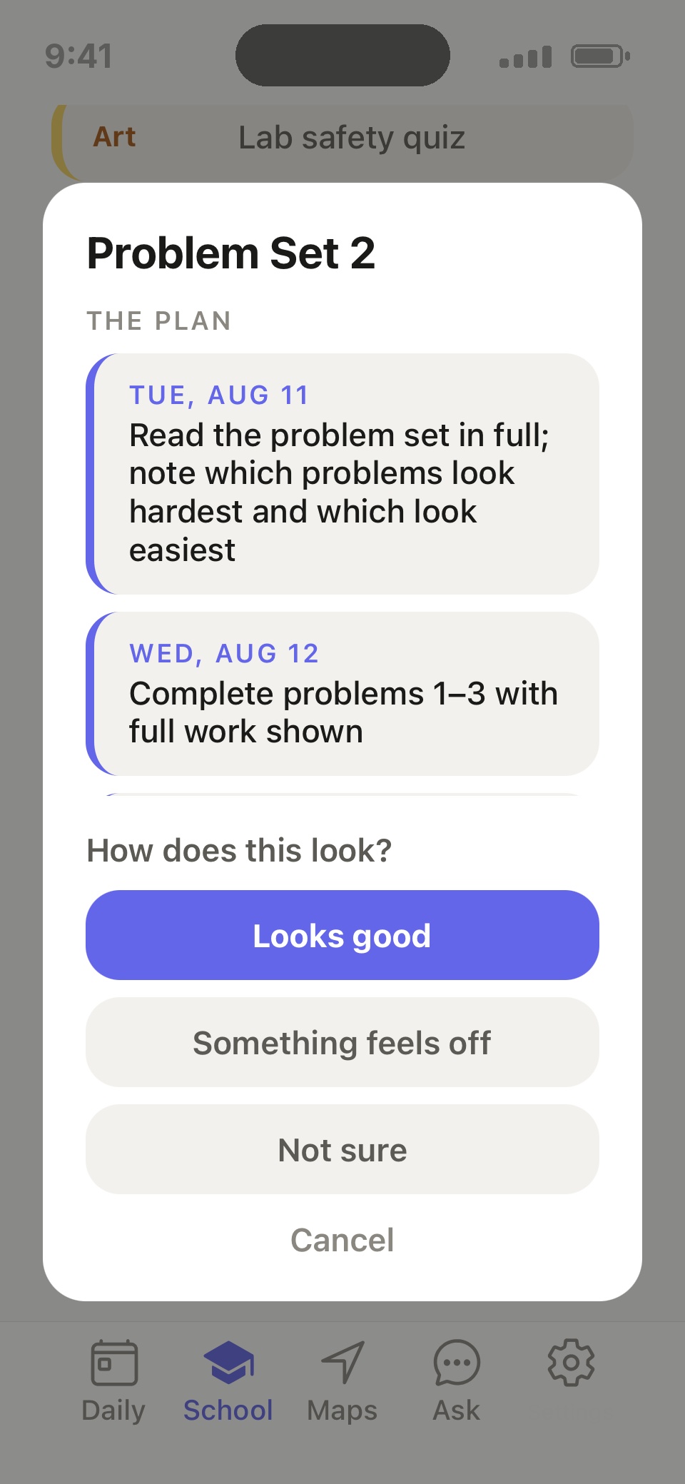The Daily app showing a generated day-by-day plan and asking How does this look